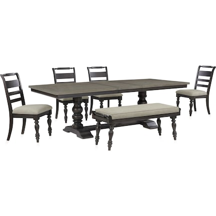 Vineyard Rectangular Dining Table, 4 Dining Chairs and Bench - Black