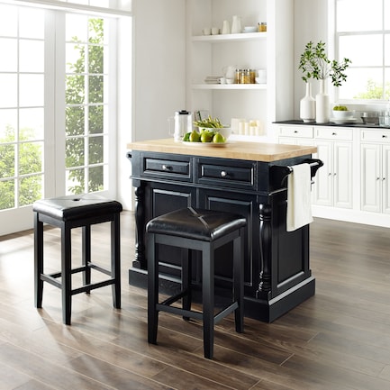 Warren Kitchen Island and Set of 2 Square Stools - Black/ Wood Top