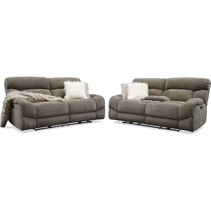 Wave Dual-Power Reclining Sofa and Loveseat Set - Ash