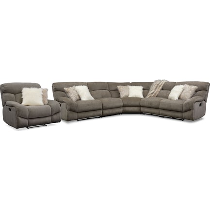 Wave 5-Piece Manual Reclining Sectional with 2 Reclining Seats and Recliner - Ash
