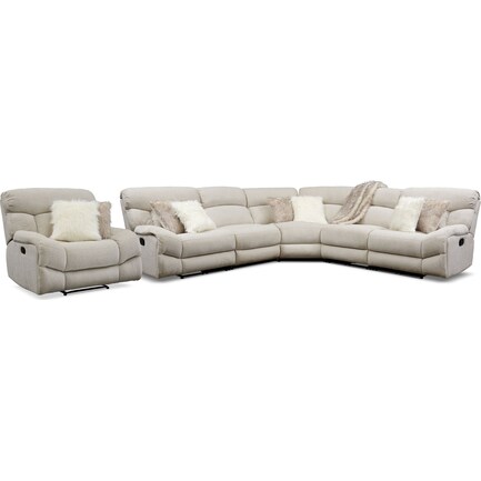 Wave 5-Piece Manual Reclining Sectional with 3 Reclining Seats and Recliner - Ivory