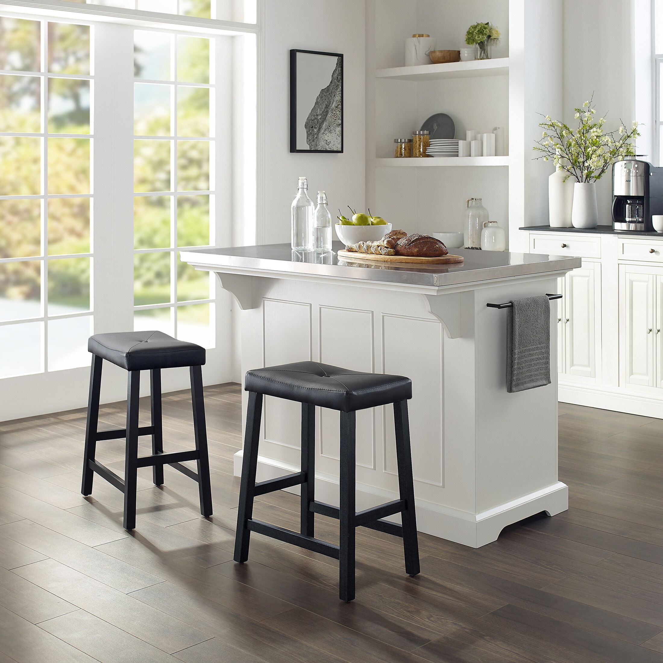 Wells Kitchen Island And Set Of 2 Stools White Stainless Steel Top   Wells White Kitchen Island Set 2784548 806714 