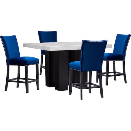 Artemis Counter-Height Marble Dining Table and 4 Upholstered Stools - White Marble/Blue