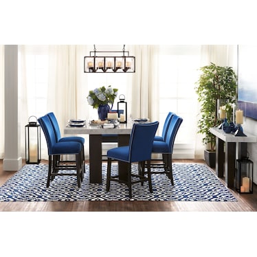 Artemis Counter-Height Marble Dining Table and 6 Upholstered Stools - White Marble/Blue