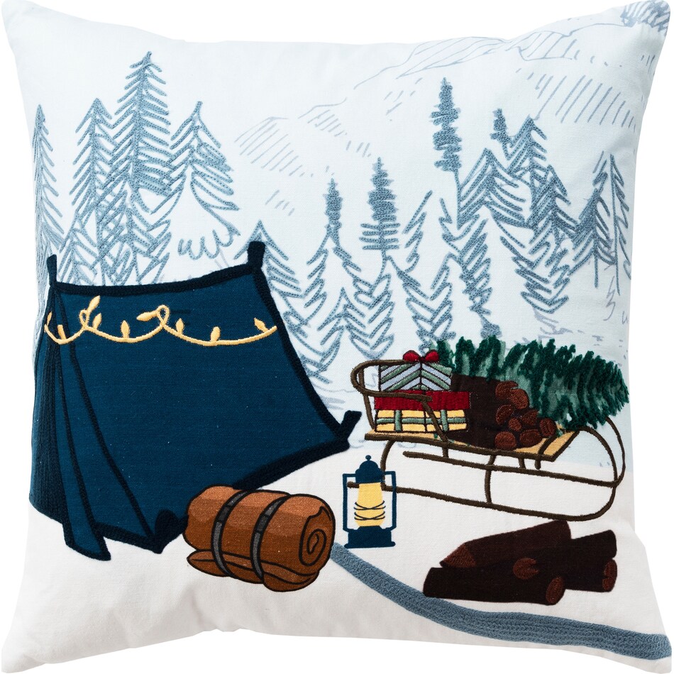 winter camping blue pillow   
